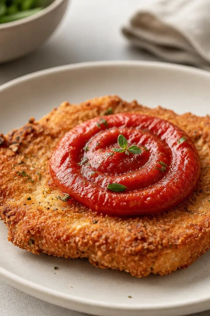 A small spoonful of red marinara spread in a tight swirl on top of a cooked cutlet, leaving the breaded sides uncovered.
