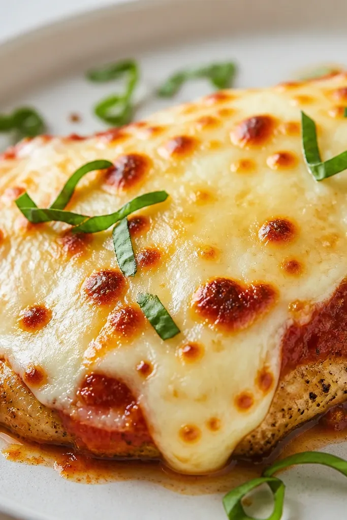 Melted mozzarella on top of chicken, with small browned freckles and a slightly bubbled surface that looks set but still gooey.