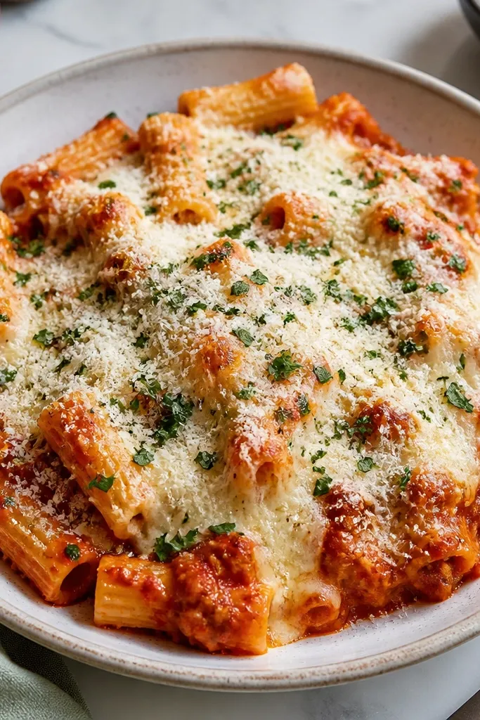 A finished plate with a snowy dusting of grated Parmesan and tiny green flecks of chopped parsley scattered over the melted cheese.