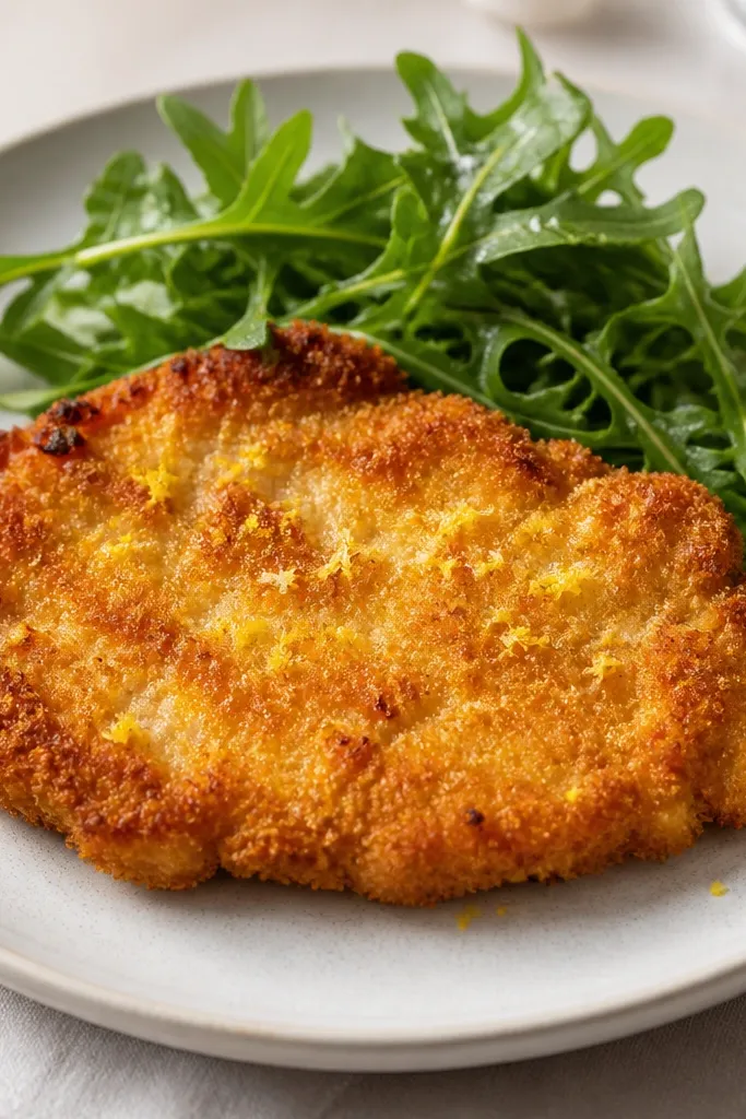 A browned cutlet with a slightly warm yellow tone in the crust, like the crumbs were seasoned with lemon zest and butter.
