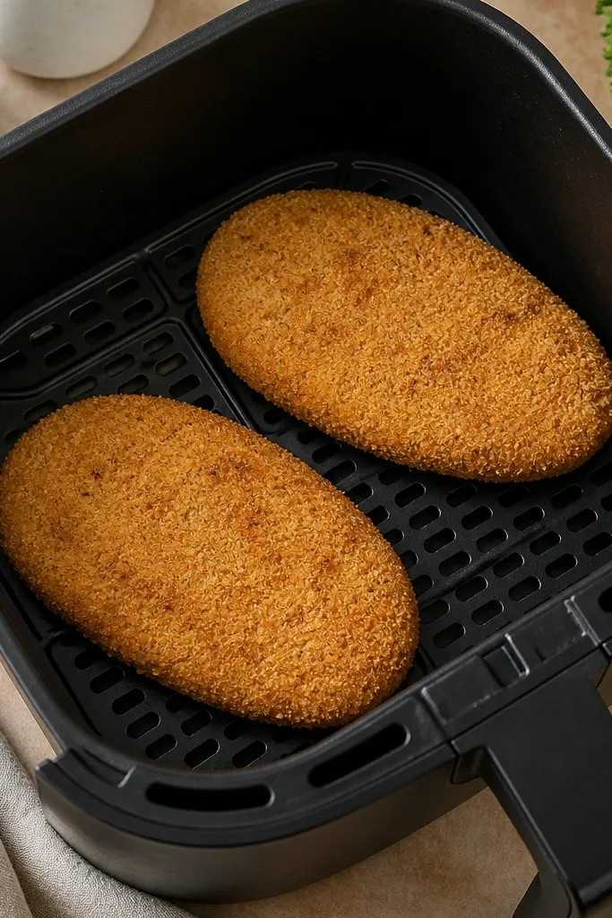 Chicken cutlets trimmed to fit neatly in a compact air fryer basket, with no folded corners and even thickness across each piece.
