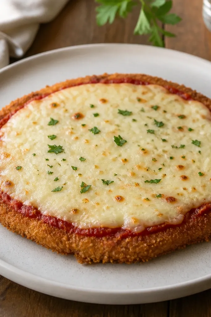 A plate where you can see a thin red layer under mozzarella, with mozzarella covering the center and leaving a crisp breaded rim visible.