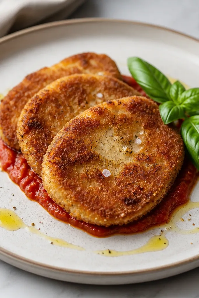 A serving plate with cutlets on top of a small smear of marinara, plus a few basil leaves on the side and a drizzle of olive oil around the plate.