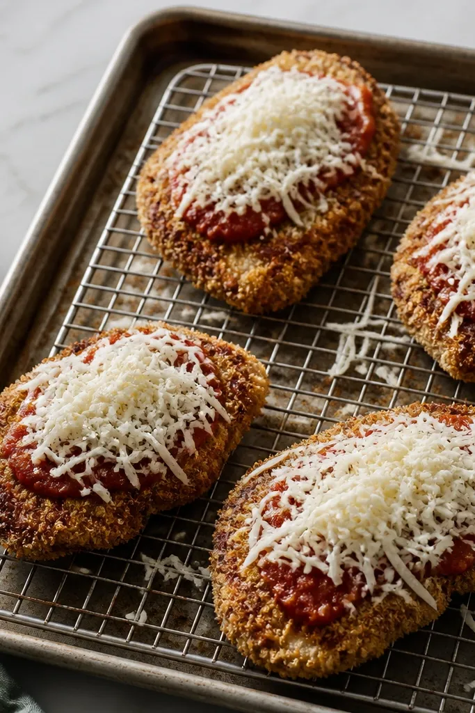 A rimmed sheet pan with a metal wire rack on top. Several breaded chicken cutlets sit on the rack, browned with visible crumb texture. A small spoon of marinara is off to the side, and shredded mozzarella is sprinkled loosely.