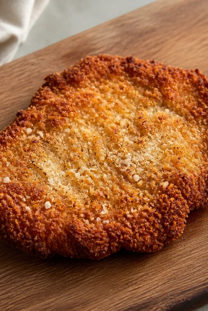 A single chicken cutlet on a cutting board with a thick, uneven crumb coating. The surface shows tiny golden flakes and flecks of white Parmesan. The edges are darker brown than the center.