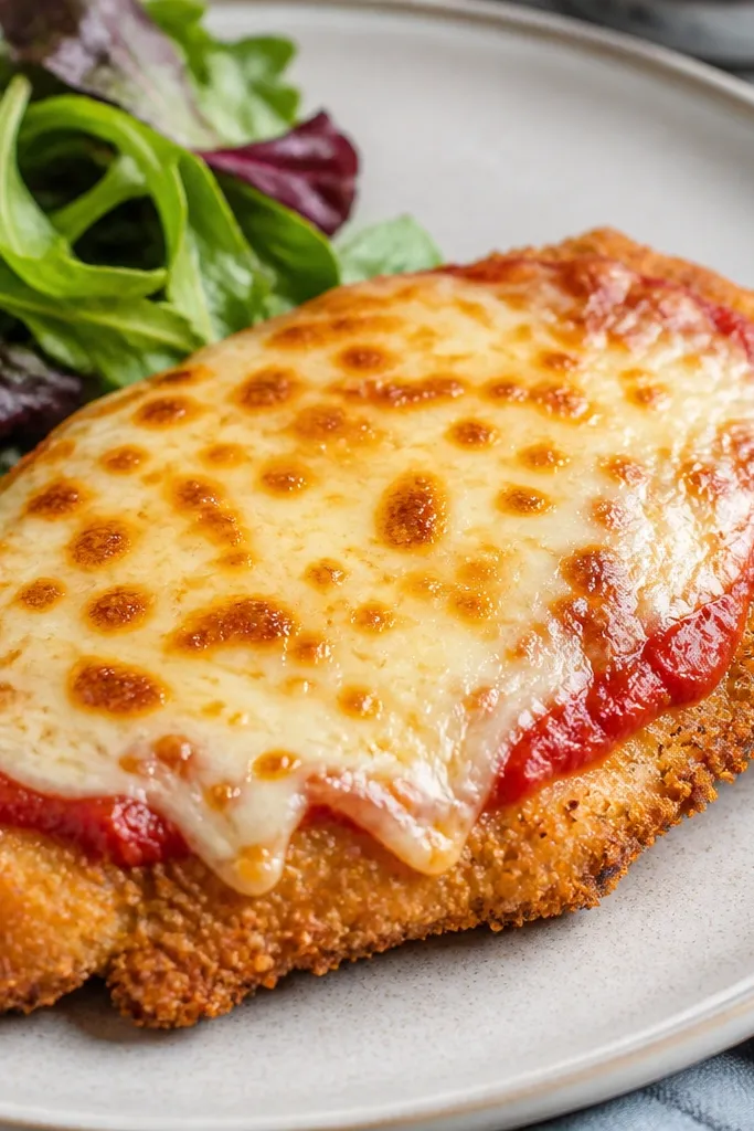 A baked cutlet with cheese melted and bubbling. Marinara is visible in a thin layer between chicken and cheese, not soaking into the crust. The cheese has browned spots and a glossy shine.