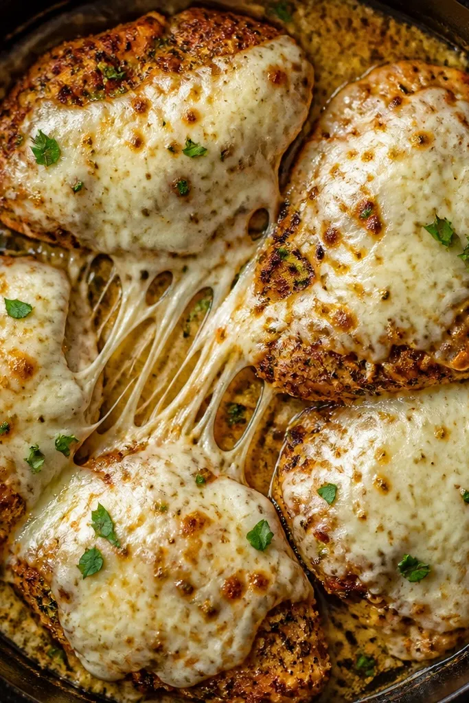 A top-down shot of mozzarella melting over parmesan-speckled chicken. The mozzarella looks stretchy and slightly browned, while faint parmesan flecks are visible in the melted layer.