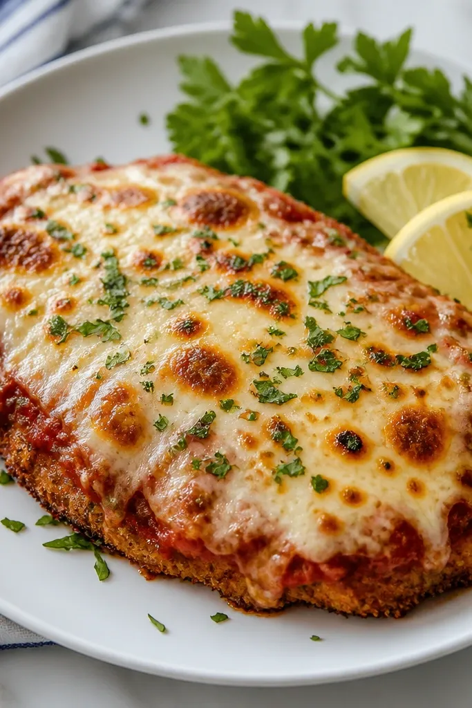 A plate of chicken parmesan with a bright green sprinkle of parsley and thin lemon wedges on the side. The chicken has a glossy cheese top with browned spots.