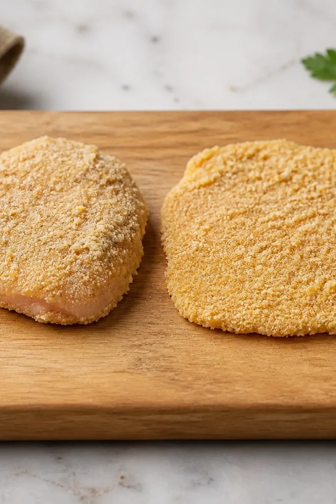 Two chicken cutlets side by side on a board, one thicker and one evenly pounded. The even one has a consistent thickness and a uniform crumb layer.