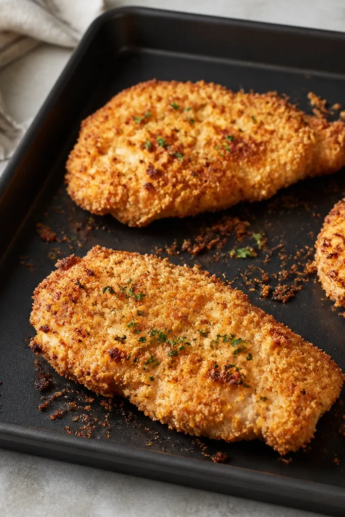 A dark nonstick sheet pan with a few baked cutlets. The crumbs are browned at the edges, and there's no pooled sauce underneath. The chicken looks dry and crisp.