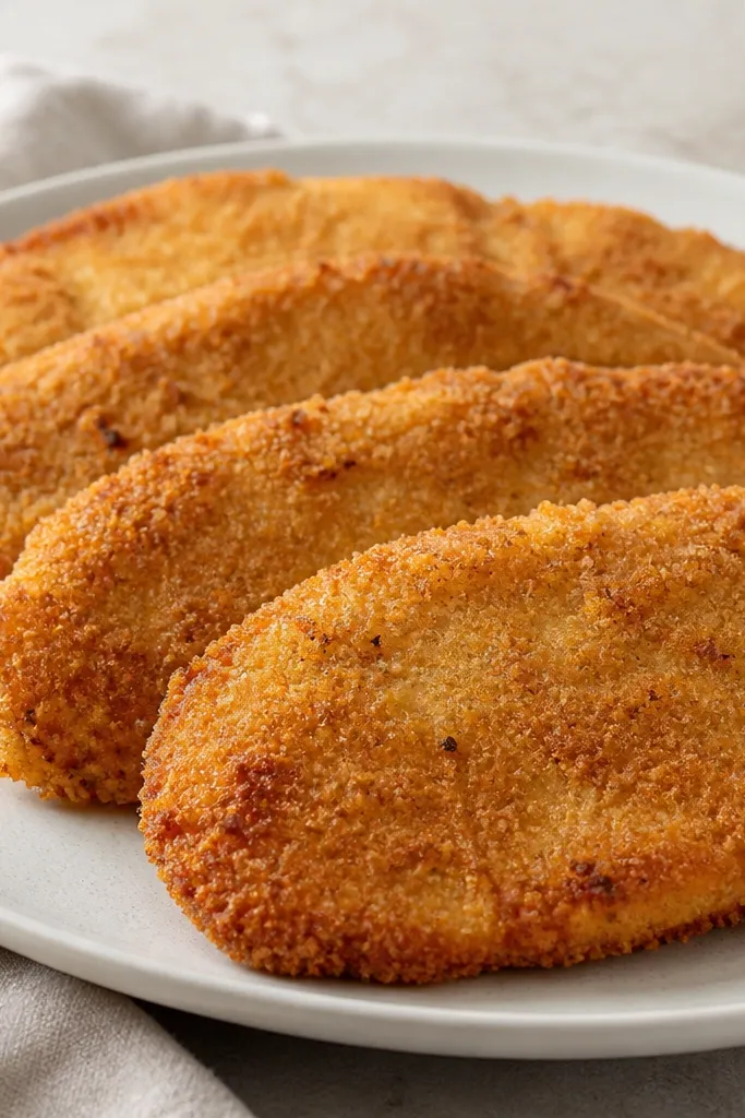 Breaded chicken cutlets lined up on a plate, slightly dry-looking on the surface. The crumb coating looks set, not wet or patchy.