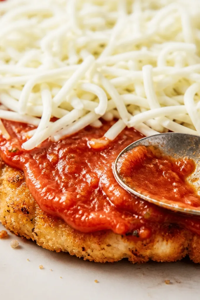 A close-up of a spoon spreading marinara in a thin layer over chicken. You can still see crumb texture through the sauce. Mozzarella sits on top like a blanket.