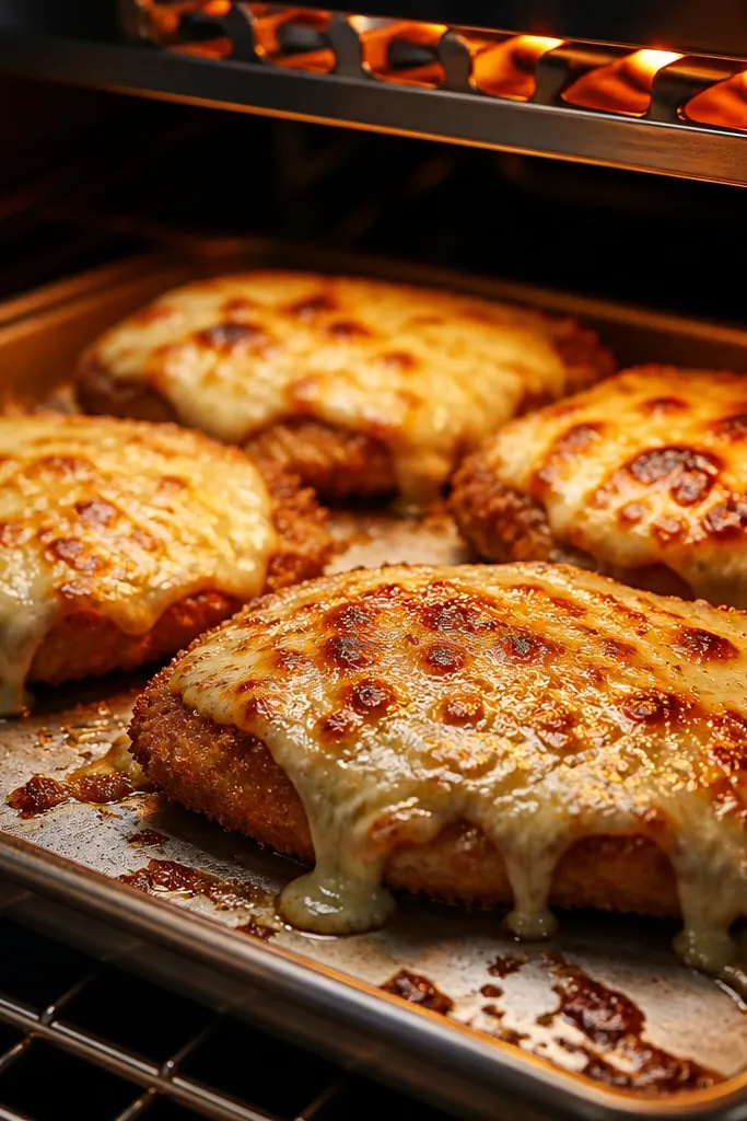 A baking sheet under a broiler with cheese bubbling and browning in spots. The cutlet tops have a few darker toasted patches while the rest stays glossy.