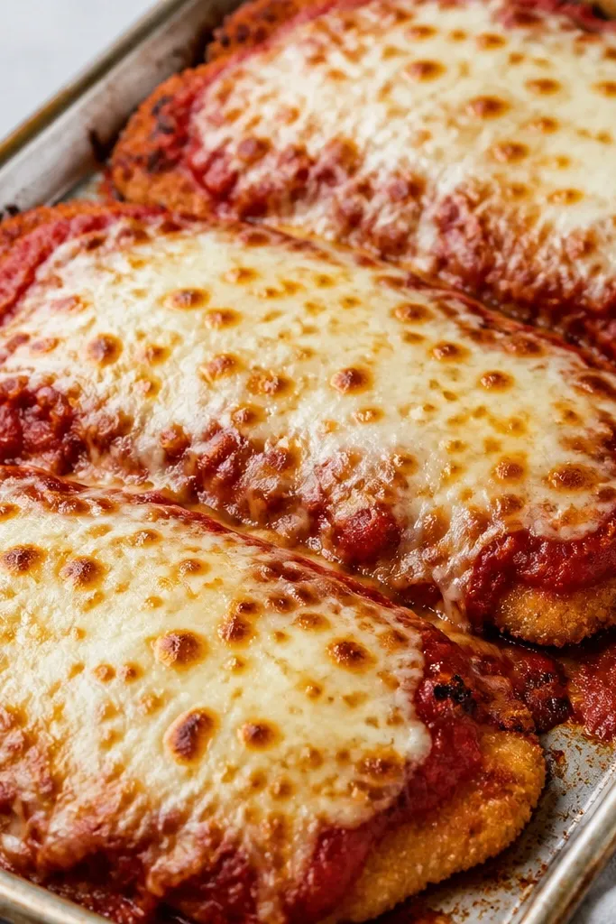 A casserole-style chicken parmesan on a sheet pan: breaded chicken cutlets topped with thick red marinara and a layer of shredded mozzarella. The cheese has small browned freckles and slightly blistered edges, with a light golden crust visible around the sauce.