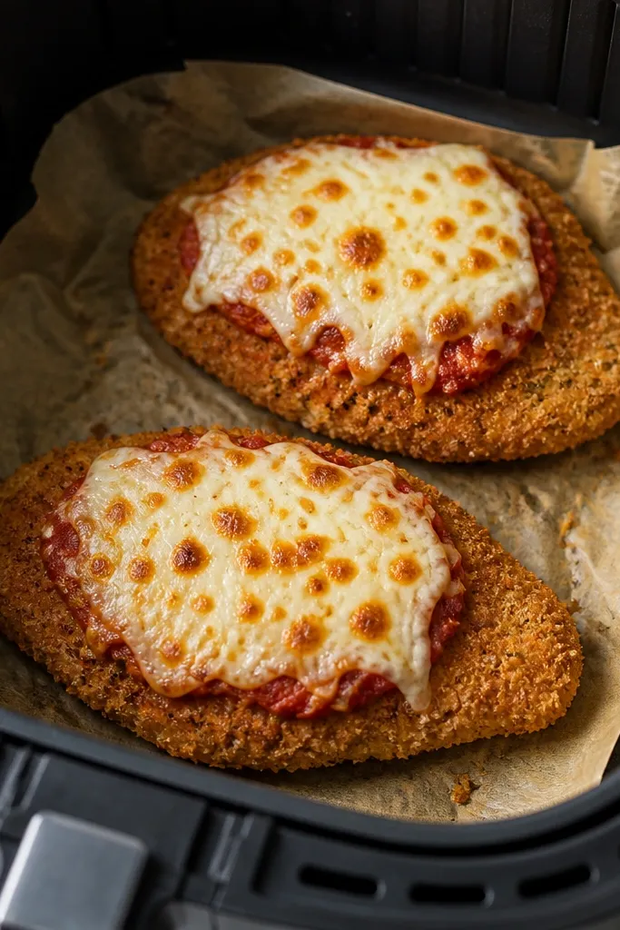 Two thick chicken cutlets in an air fryer basket lined with paper, each topped with a small spoonful of marinara and mozzarella. The breading looks dry and crisp with a golden edge, and the mozzarella has lightly browned patches.
