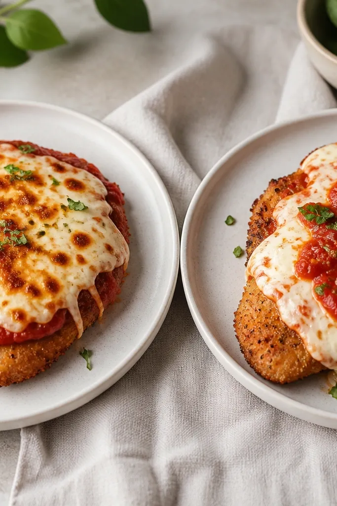 A side-by-side comparison on two plates: left plate shows marinara under mozzarella with browned cheese spots. Right plate shows mozzarella melting directly on chicken with sauce added afterward, creating glossy cheese with less red visible under it.