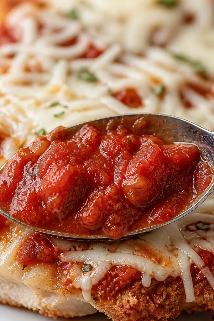 Close-up of a spoonful of red marinara spread over chicken parmesan. The sauce looks chunky with visible tomato bits, not glossy thin liquid, and it sits in a shallow layer under shredded mozzarella.