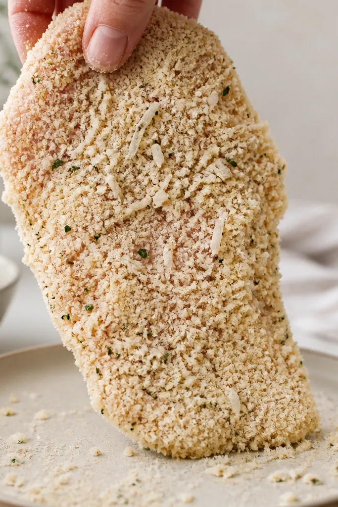 A raw breaded chicken cutlet held up above a plate: the breading clings in uneven crunchy bits, with visible flecks of parmesan and herbs. The surface looks matte, not shiny.