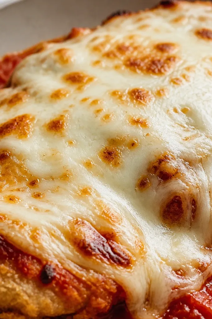 A close-up of melted mozzarella on top of chicken parmesan: some strands are melted and some edges are browned, with small darker spots near the edges. The sauce underneath is visible around the perimeter.