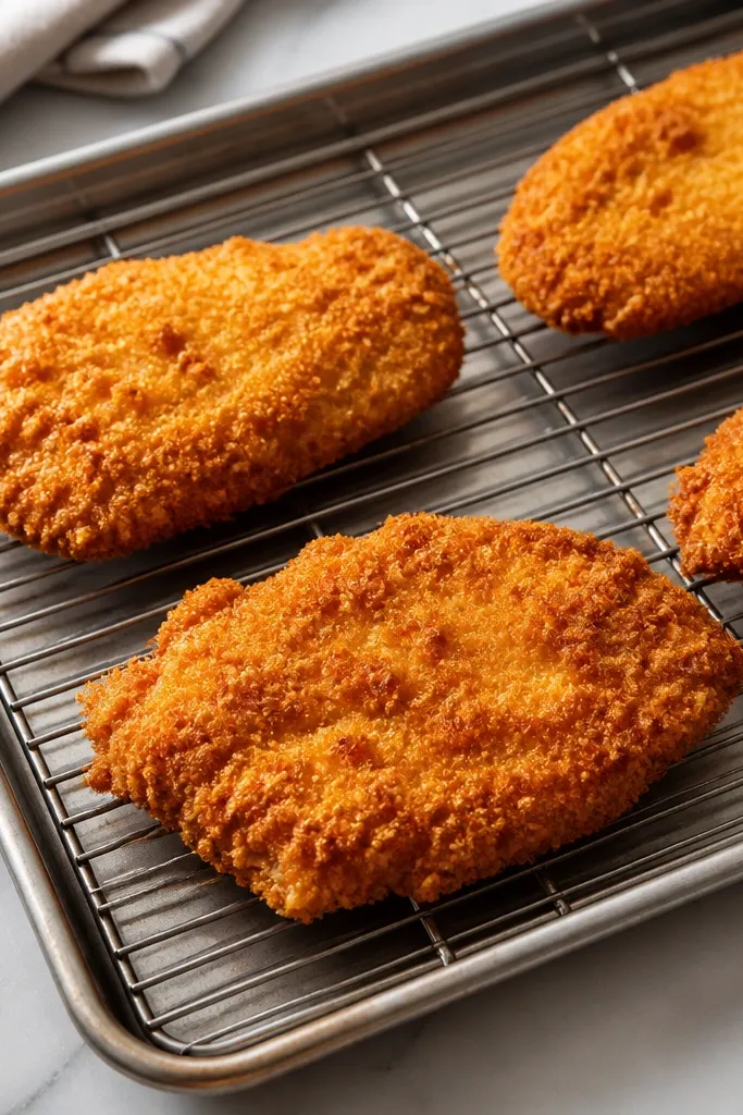 A rimmed sheet pan with a wire rack set inside. Chicken cutlets sit on the rack so air surrounds them, and the coating looks evenly golden with no pale spots on the bottom.