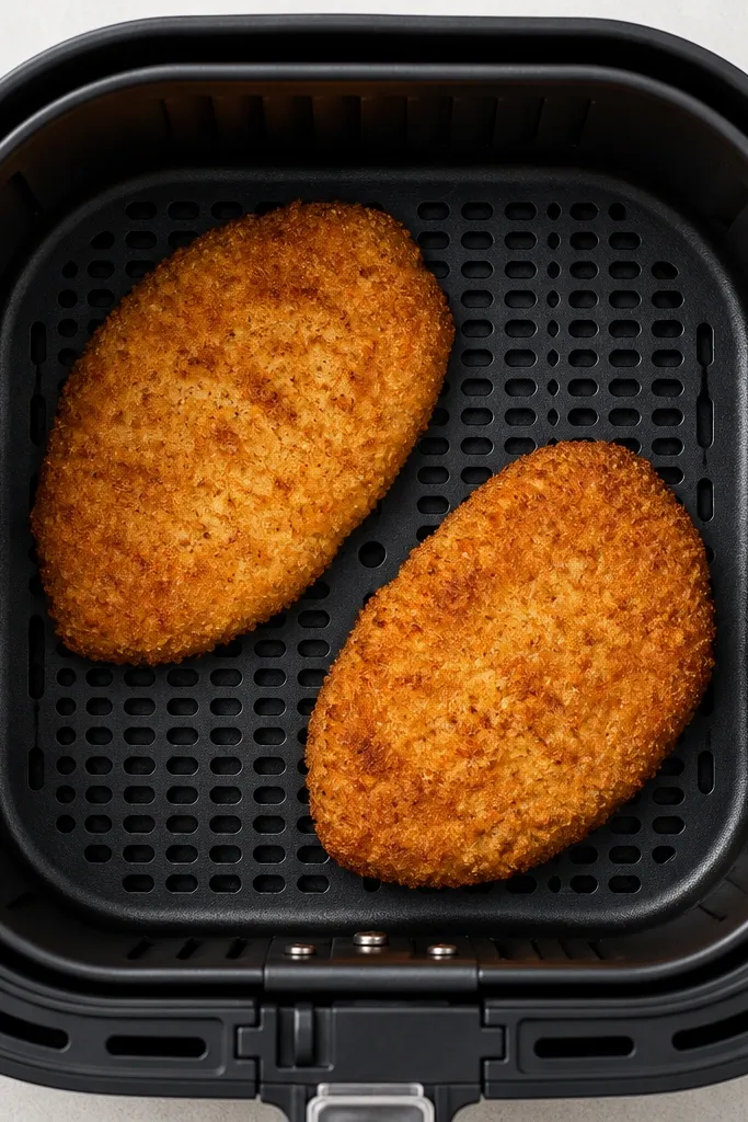 Top-down view inside an air fryer basket: two breaded cutlets placed with clear gaps between them. The cutlets look evenly browned, with crisp edges and no wet patches.