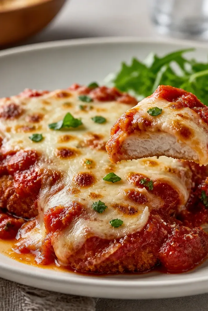 A finished plate of chicken parmesan with cheese that looks slightly firm, not runny. The sauce is thick and clings, and the browned mozzarella edges hold their shape when a fork lifts a bite.