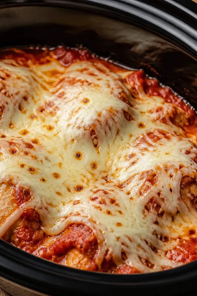A crock pot insert filled with chicken pieces under thick red marinara, with mozzarella shreds scattered on top. The cheese looks pale white and glossy before melting, then lightly browned at the edges.