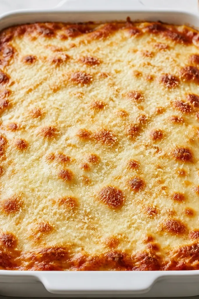 A casserole-style view: melted mozzarella with scattered Parmesan and a few browned spots. The top looks dry enough to slice cleanly, not wet or soupy.