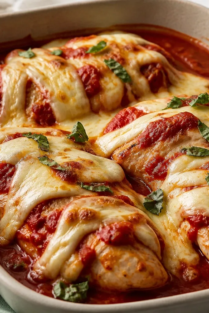 Cheese is arranged in uneven ribbons and thick clumps on each chicken piece, with red marinara showing between them. The melted parts look like soft ribbons with slight peaks.