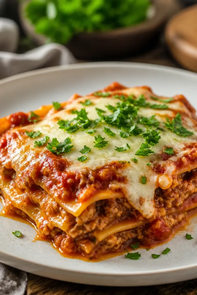 A plated portion with red sauce and melted cheese, finished with chopped fresh parsley. The parsley is bright green and sits on top of the cheese, not mixed in.
