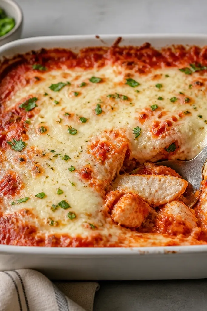A spoon shows a red marinara swirl around the melted cheese edges, with visible chicken pieces underneath. The cheese looks thick and set enough to hold the spoon mark.