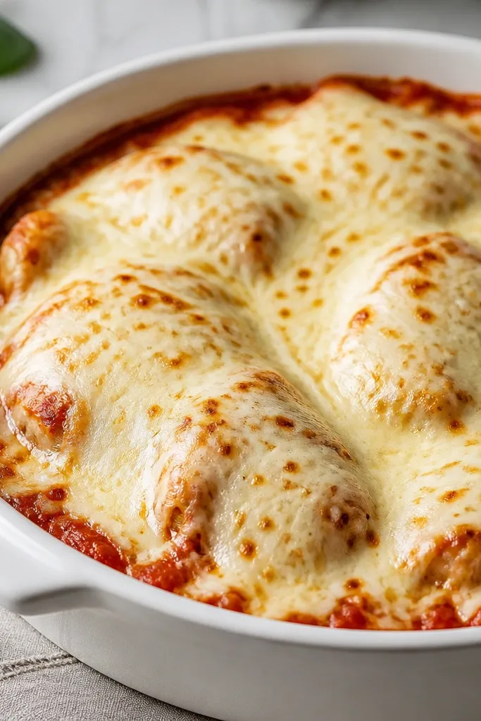 Chicken pieces look surrounded by marinara but the top has a thick cheese blanket with minimal red pooling. The cheese has small bubbles and a smooth melt.