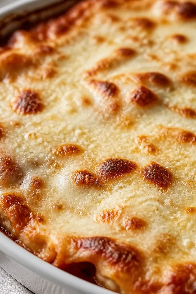 Melted mozzarella with a dusting of Parmesan that forms small specks across the surface. A few spots are browned and slightly darker than the rest.