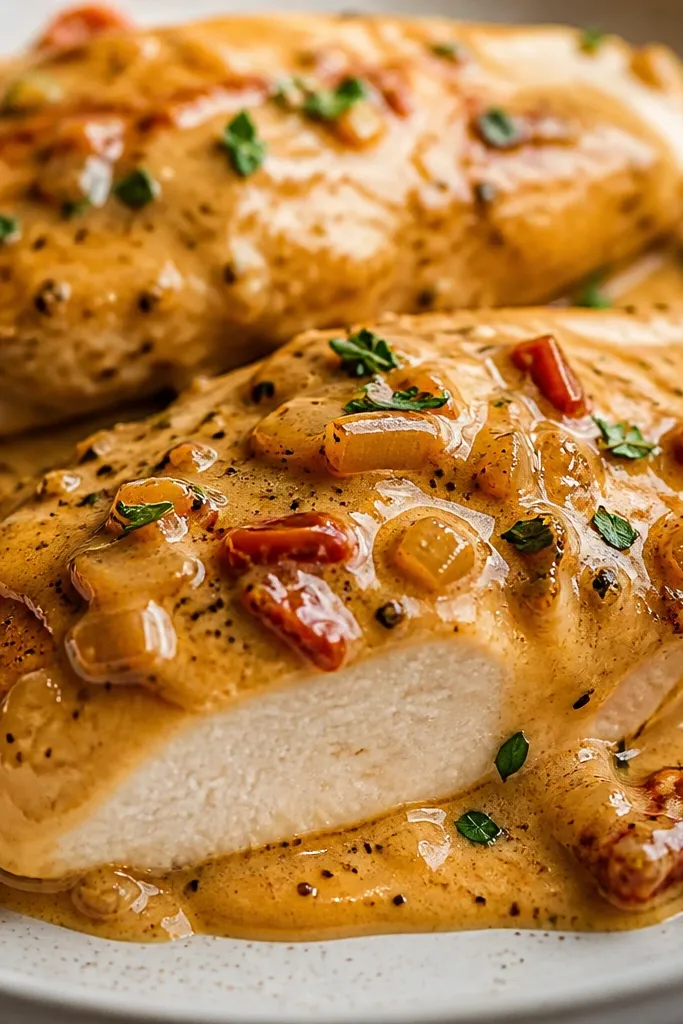 A close-up of chicken cutlets under sauce with visible tender texture at the edges. The chicken holds its shape, and the surface looks moist rather than stringy.