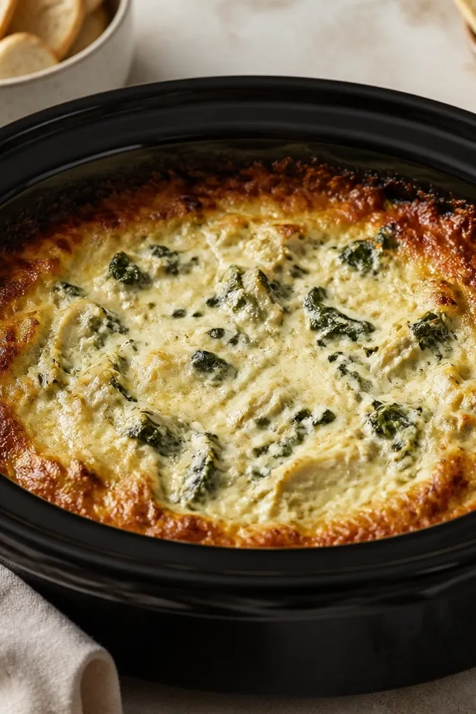 The crock pot insert is wider and the cheese has browned more at the edges than the center. The corners look crisp while the middle is still creamy.