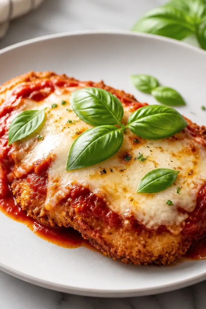 Plated chicken parmesan with melted cheese and a few basil leaves placed on top. The basil stays bright green and looks fresh, not wilted.