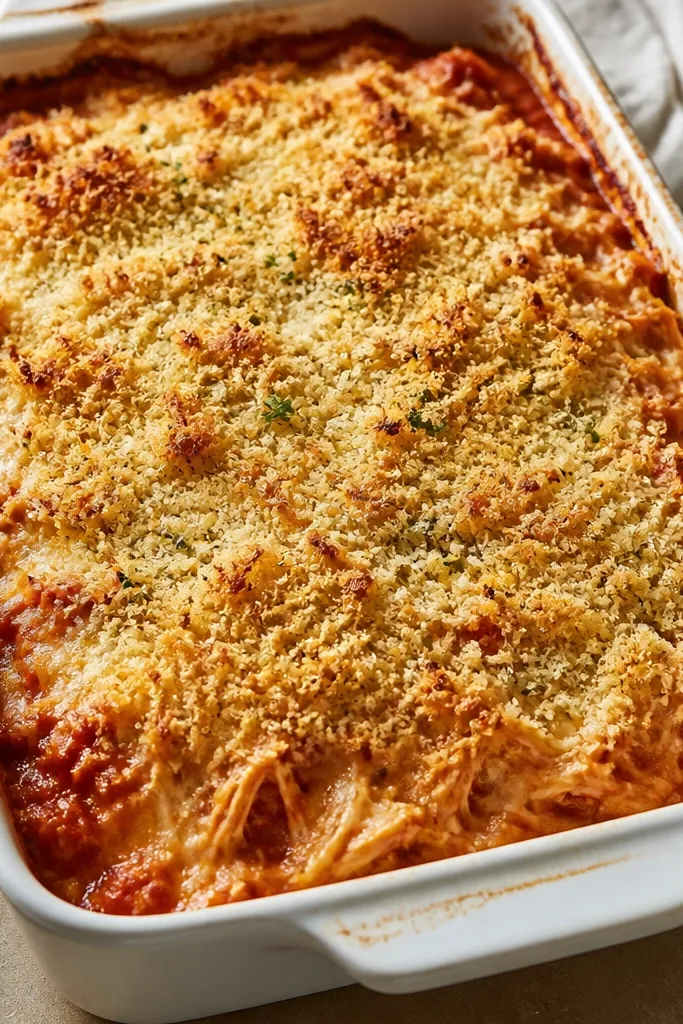 A broiler-finished casserole dish with bubbling marinara around shredded chicken, a thick golden breadcrumb-parmesan top, and browned edges.