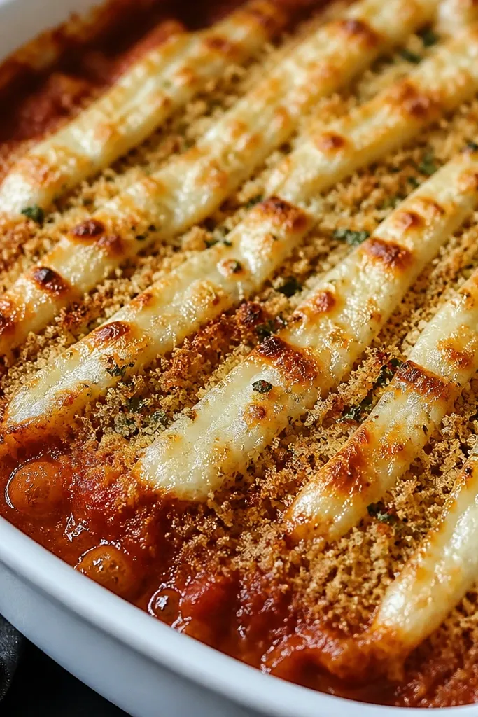 A close view of marinara bubbling at the sides, with mozzarella cut into thin strips laid on top of the crumb layer, then lightly browned.