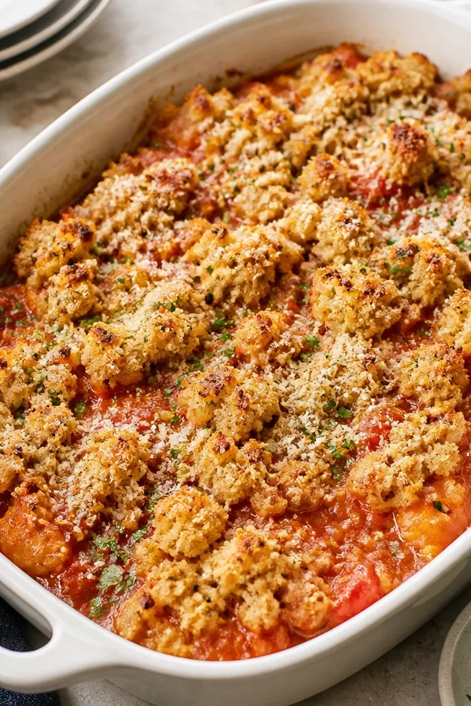 A dish where the sauce is visible between crumb clumps, with tiny green herb flecks and pale parmesan specks on top.