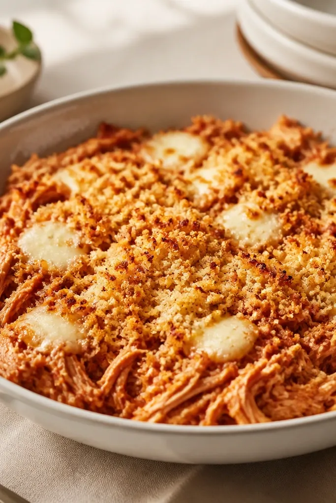 A serving bowl filled with shredded chicken in red sauce, topped with a thin golden crumb layer and a few mozzarella bits.