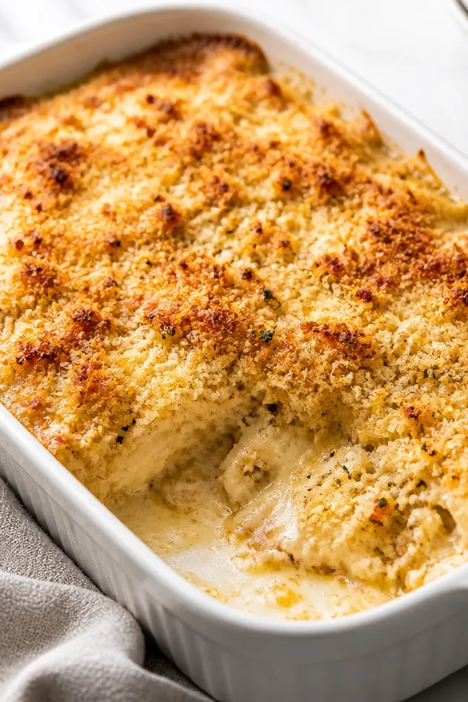A casserole showing flatter chicken pieces under the sauce, with a thick parmesan crumb top and browned cheese spots.