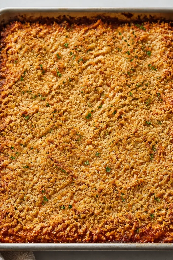 A sheet pan with sauce-and-chicken spread thin, a crumb topping across the whole surface, and browned crisp edges around the perimeter.