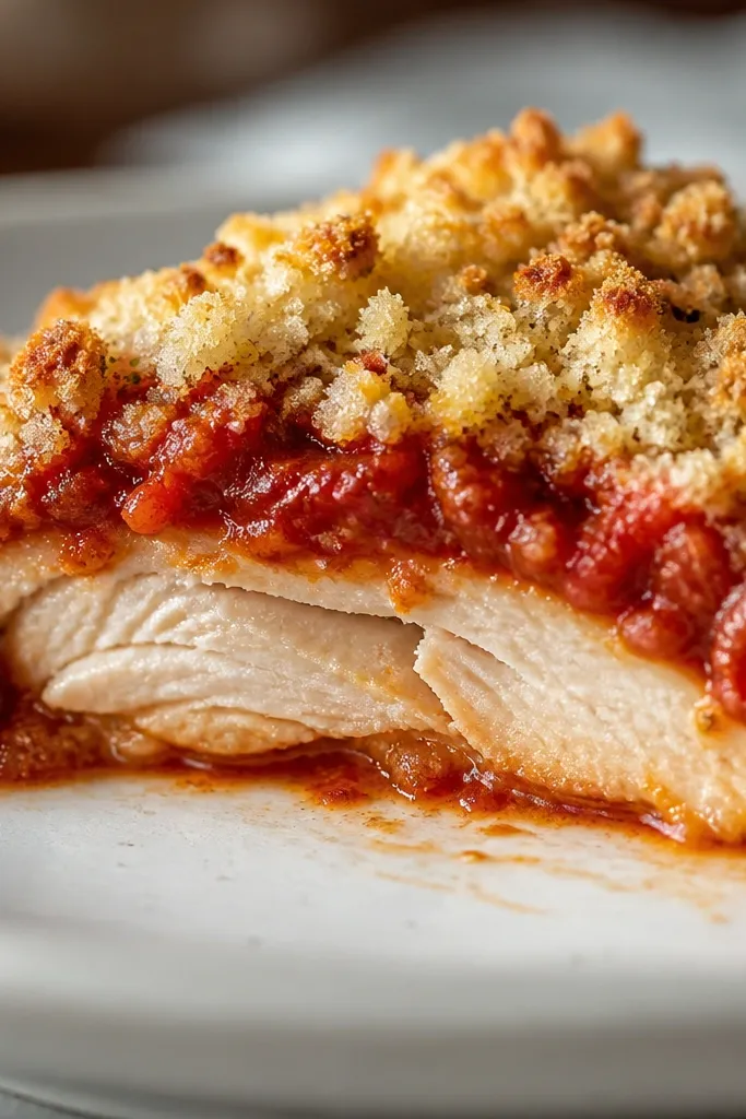 A cross-section style view showing thick marinara clinging to chicken, with crumb topping sitting on top instead of sinking in.