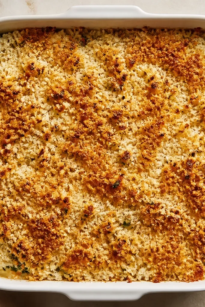 A top view where pale panko flakes sit beside deeper golden parmesan browning, creating a speckled two-tone crust.