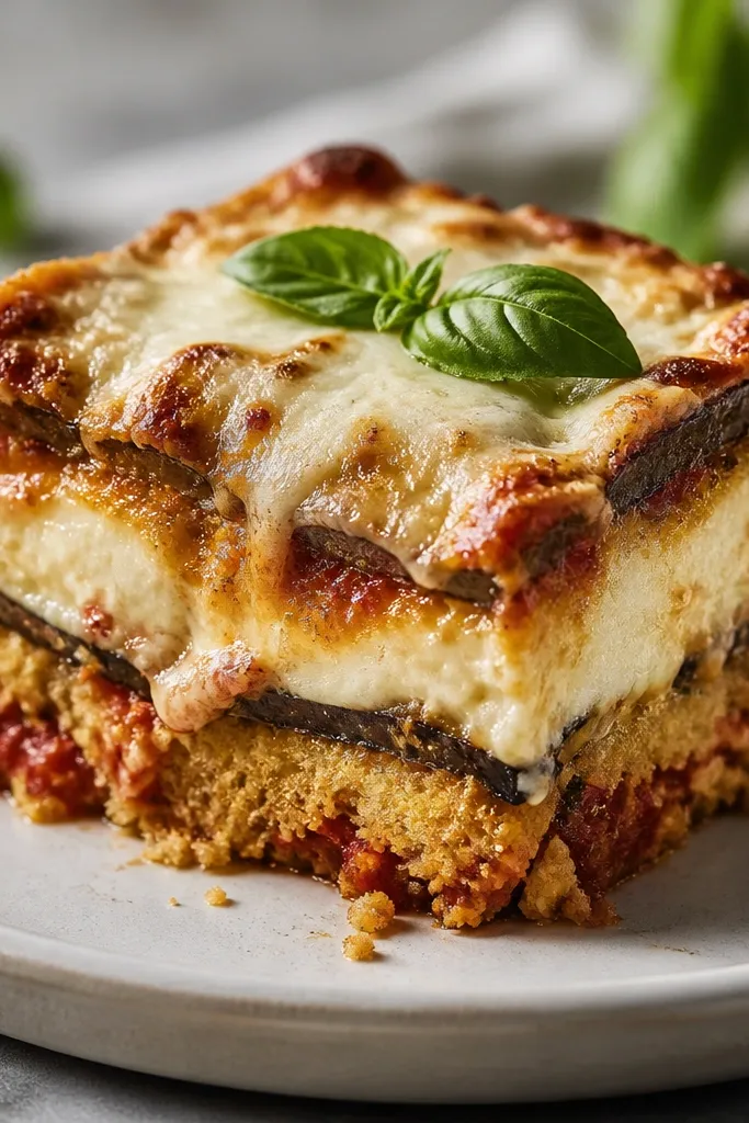 A taller casserole portion with mozzarella melted into thick white layers, browned at the edges, with golden crumb underneath.