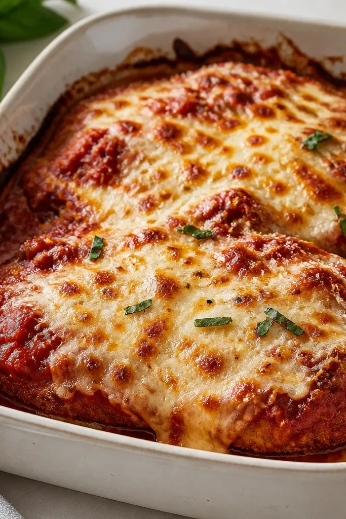 A baking dish with breaded chicken cutlets topped with red sauce and a thick layer of mozzarella and parmesan. The cheese is browned in spots with crisp edges, and the sauce is glossy, not watery.