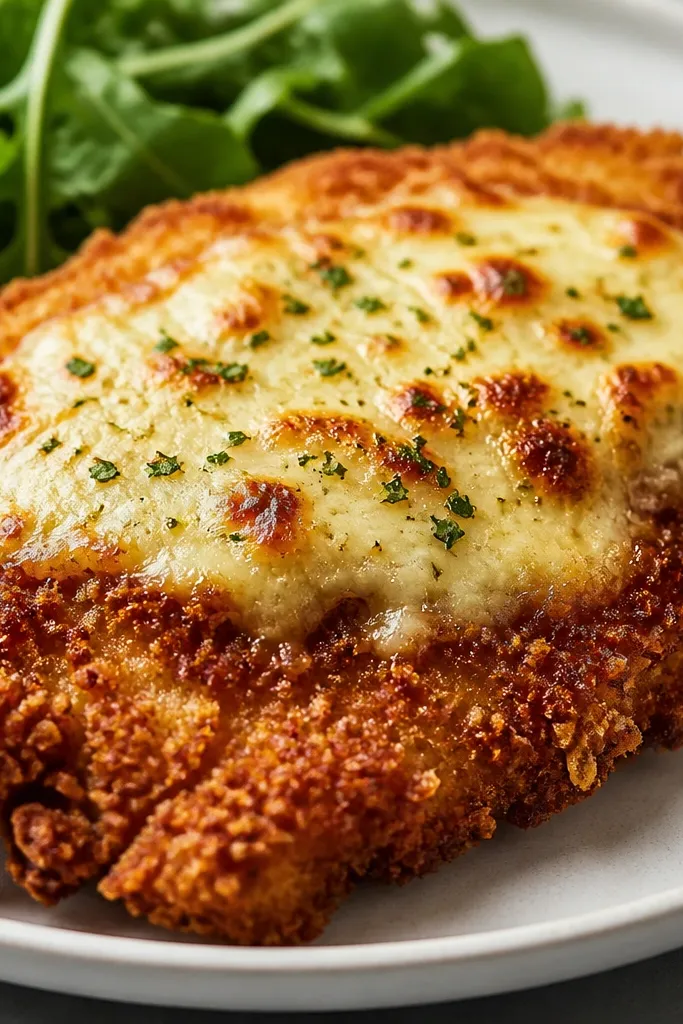 A close-up plate showing breaded chicken with a crunchy, uneven panko texture. The coating looks dry and crisp at the edges, while the center is topped with melted cheese.