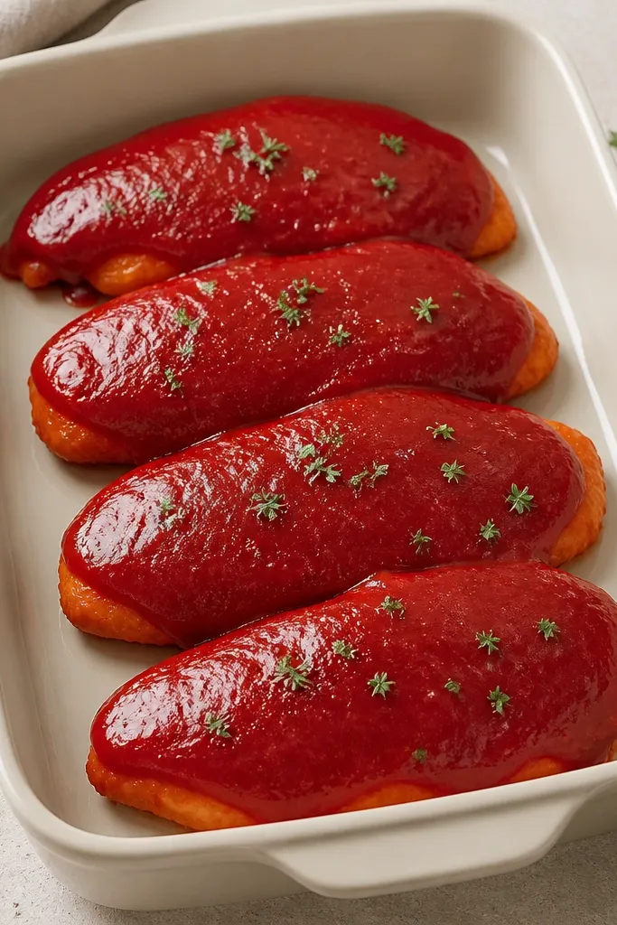 Chicken cutlets with a smooth red sauce layer that looks thick and glossy. There's no red puddle in the corners of the dish, and the sauce edges stop cleanly at the chicken.