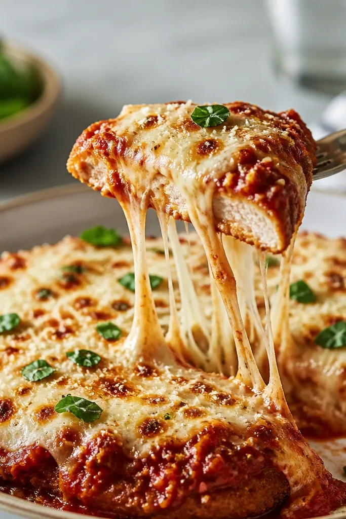 A fork pulling up a slice of chicken parm. The mozzarella stretches in strands, and there are visible parmesan specks on top that are lightly browned.