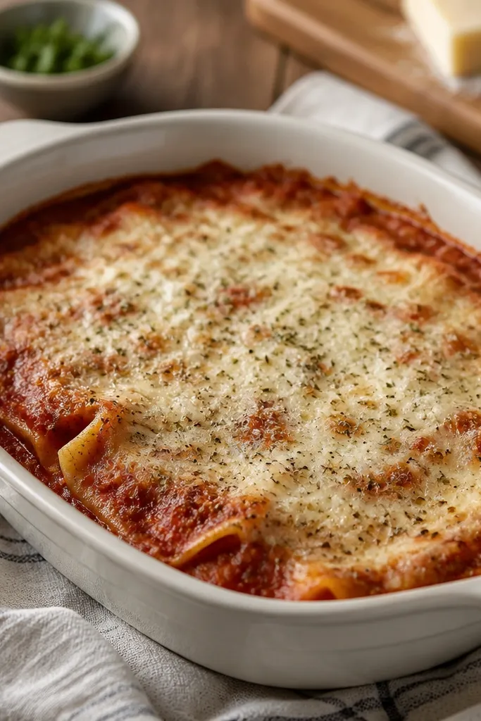 A dish where the red sauce and cheese have small flecks of dried herbs. The oregano appears as tiny specks rather than big leaves.